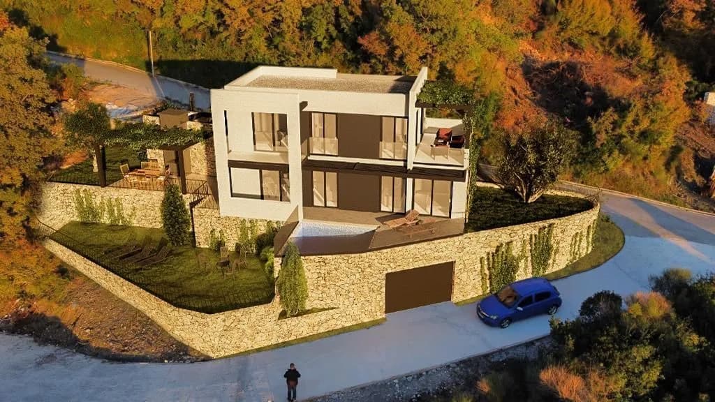 Prijevor,Budva-Vila u Izgradnji sa Pogledom na More i Bazenom – Odlicna Investicija!
