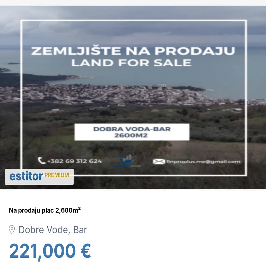 Zemljište,2600m2,Dobra Voda,Bar,Prodaja