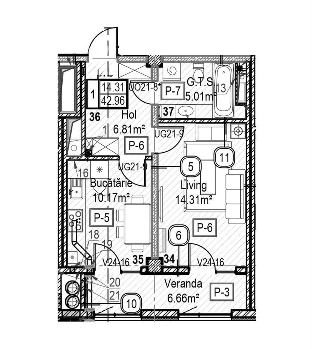 Apartament cu 1 cameră, 43 m², 2 etaj