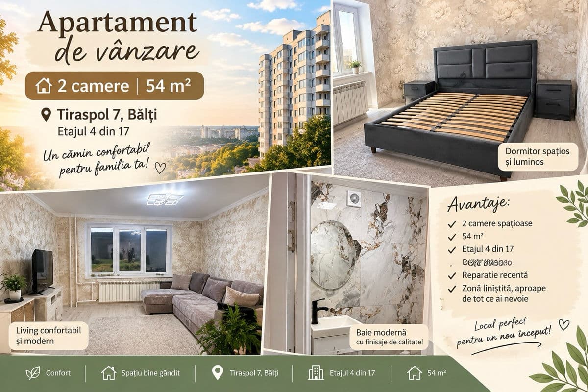 Apartament cu 2 camere, 54 m², 4 etaj