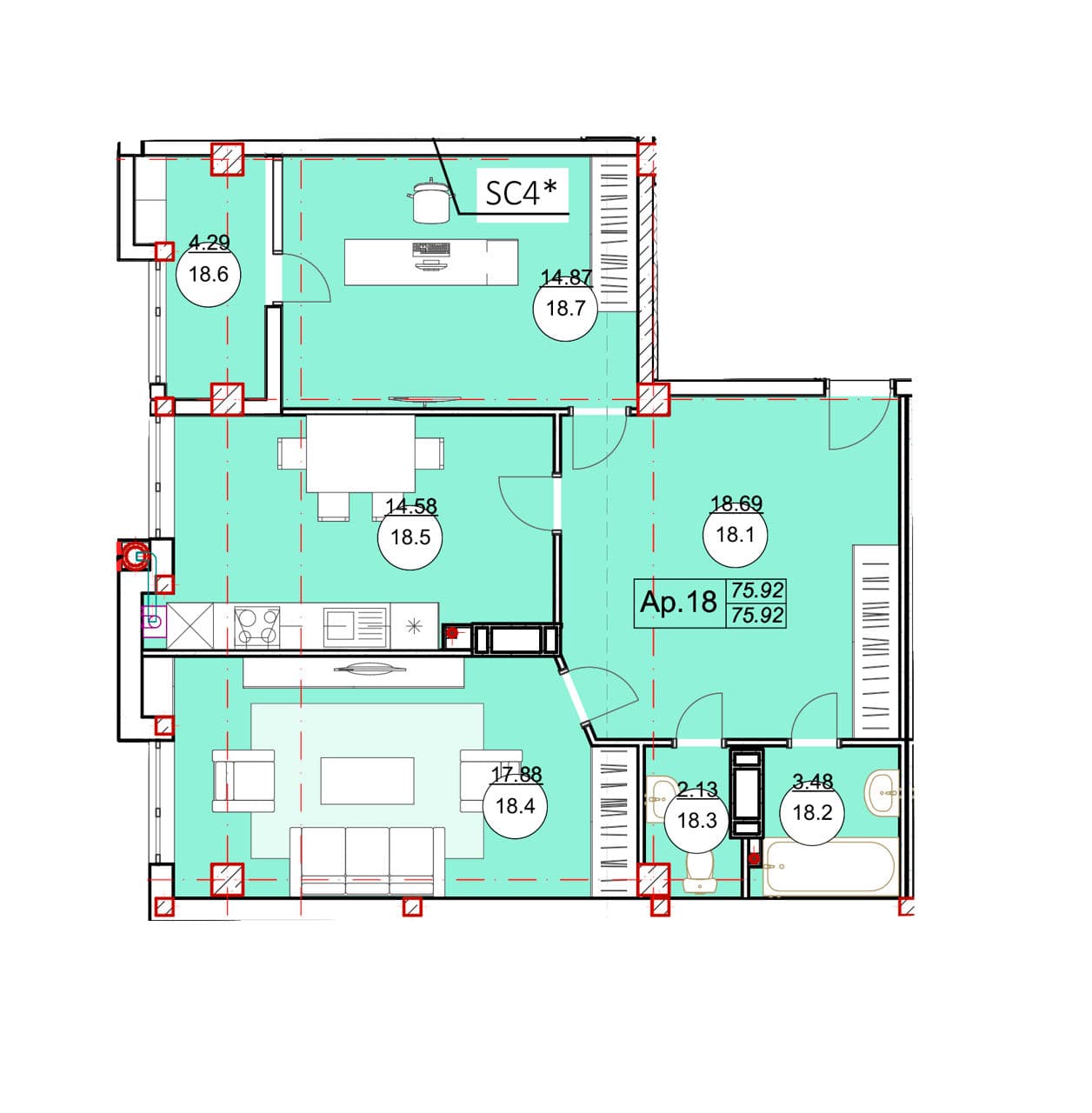 Apartament cu 2 camere, 75 m², 5 etaj