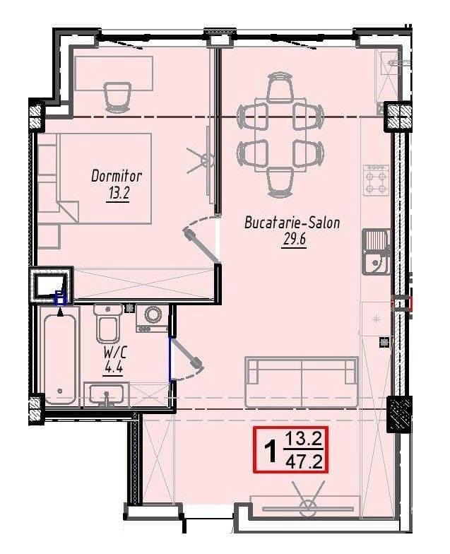 Apartament cu 1 cameră, 47 m², 2 etaj