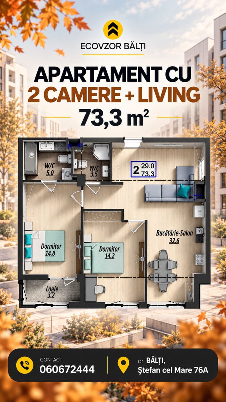 Apartament cu 2 camere, 64 m², 7 etaj