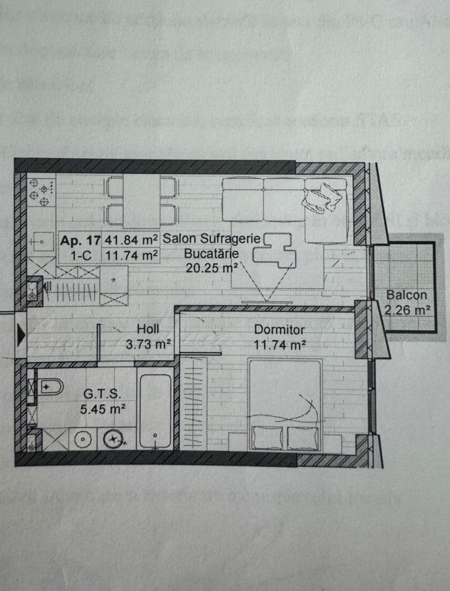 Apartament cu 1 cameră, 42 m², 6 etaj