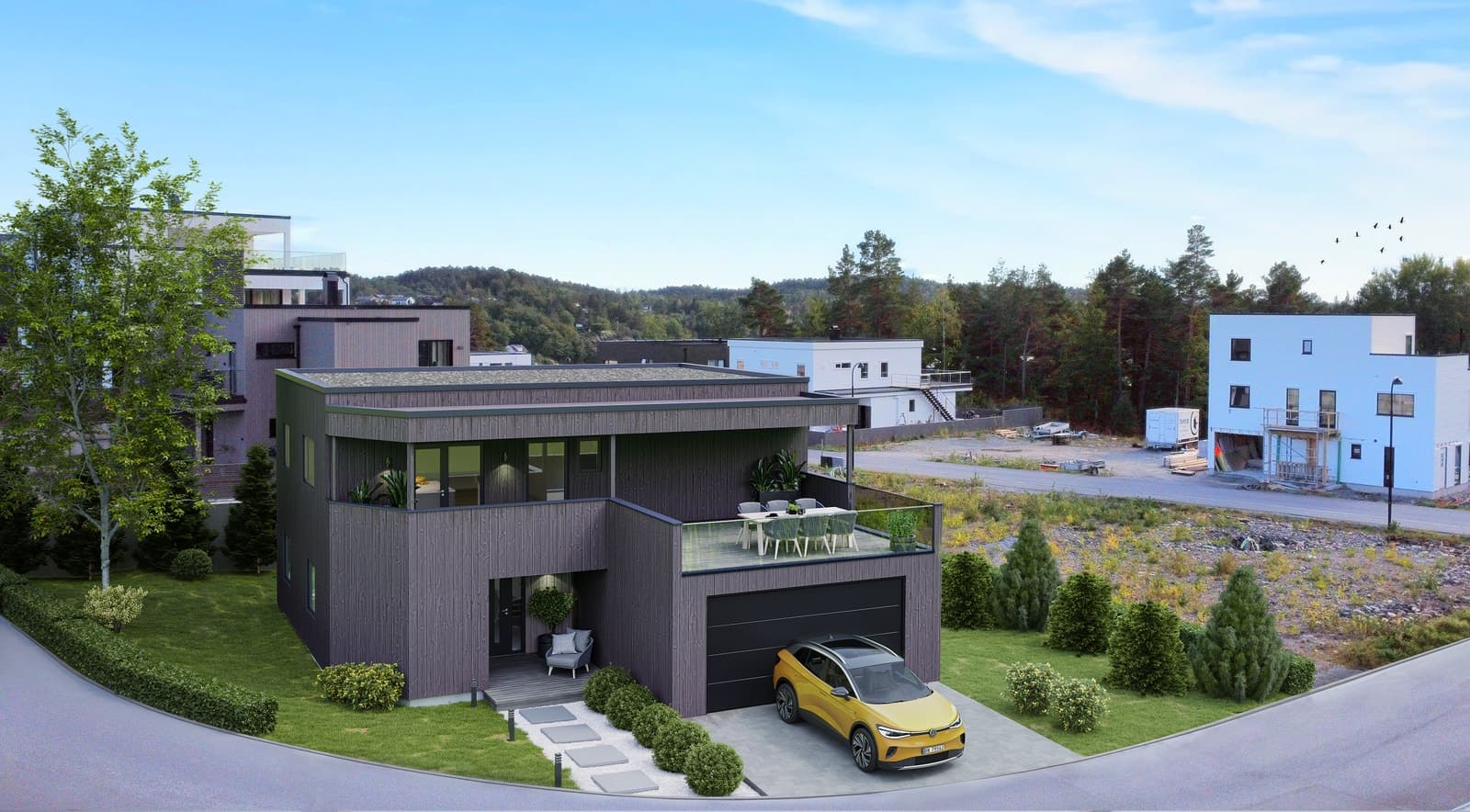 Byggpartnere AS Lillesand - Moderne arkitekttegnet enebolig | Integrert dobbel garasje med takterrasse Høyåsen 37, Lillesand 244 m² 6 560 000 kr Totalp