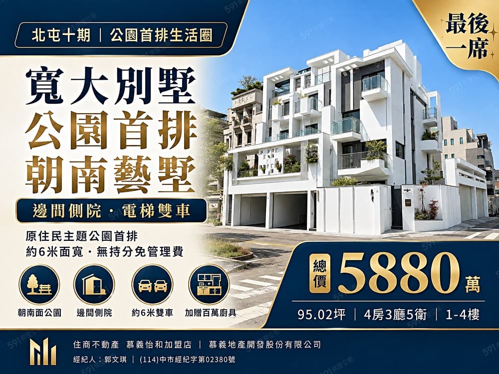 北屯十期公園首排｜朝南電梯雙車別墅｜5880萬