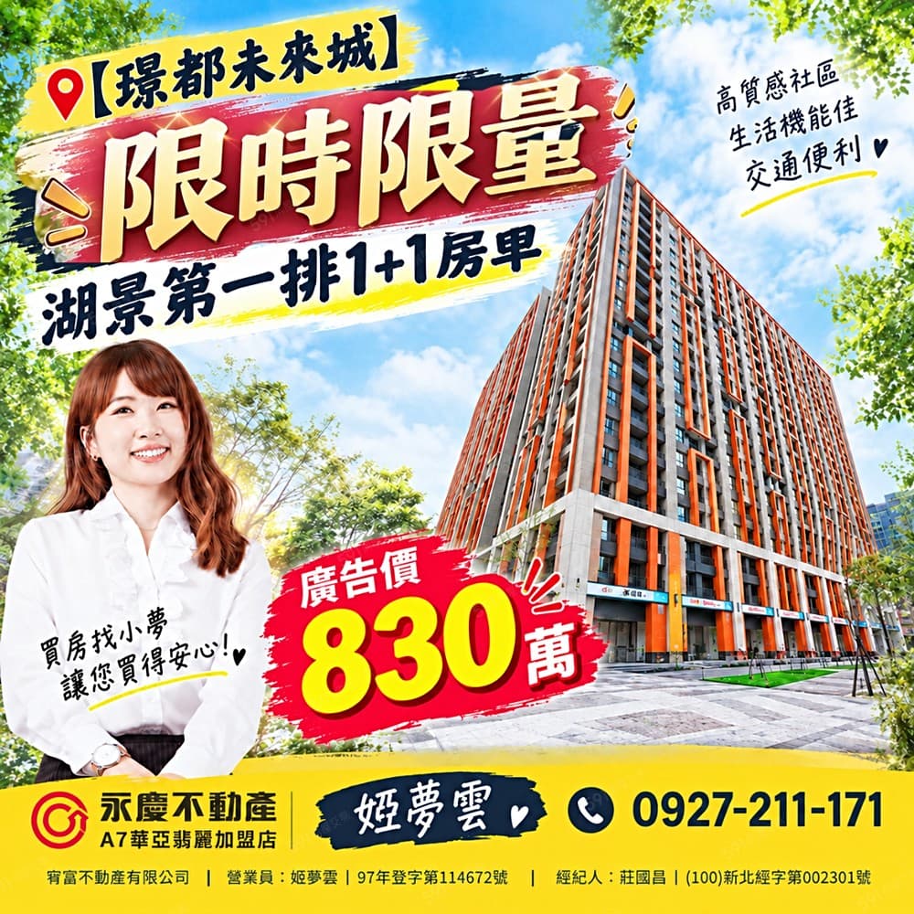 【璟都未來城】限時限量！湖景第一排1+1房車｜只要830萬