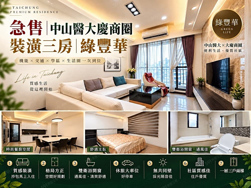 ▍專任︱急售降價︱中山醫大慶商圈︱綠豐華室內27坪︱精裝三房