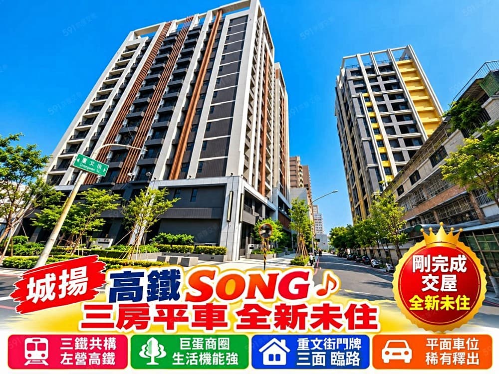 高鐵SONG/巨蛋雙商圈/三面臨路/全新未住三房平車