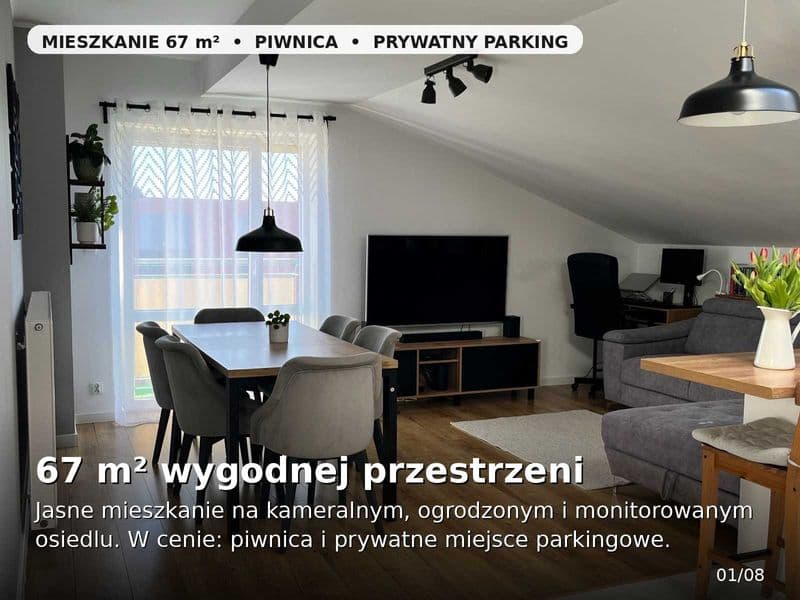 Komfortowe mieszkanie 67 m² z piwnicą i prywatnym miejscem parkingowym na spokojnym, monitorowanym osiedlu.