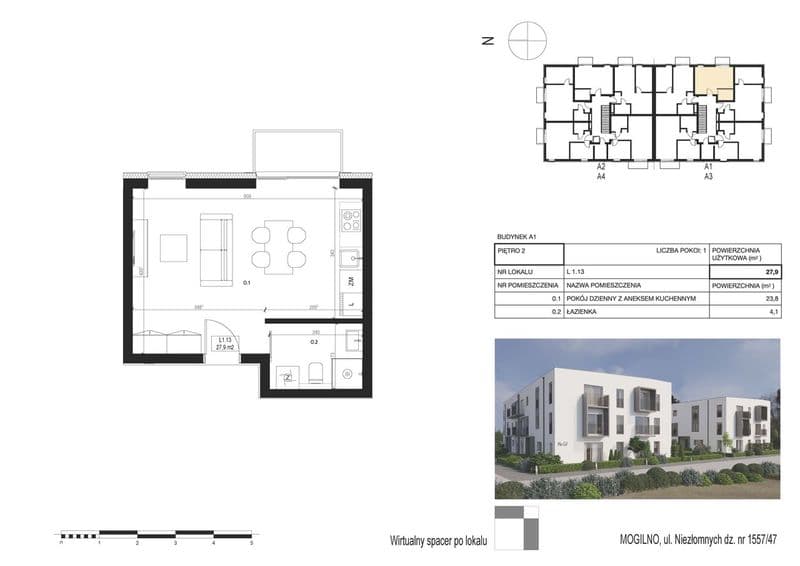 NOWE mieszkanie-Kawalerka z Balkonem Mogilno/27,8 m2 + balkon 2,5m2