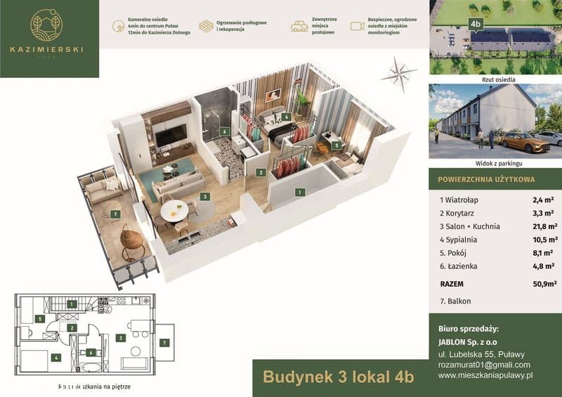 Ostatnie mieszkanie -3 pokoje 50,90 m2 plus  poddasze, dodatkowe metry
