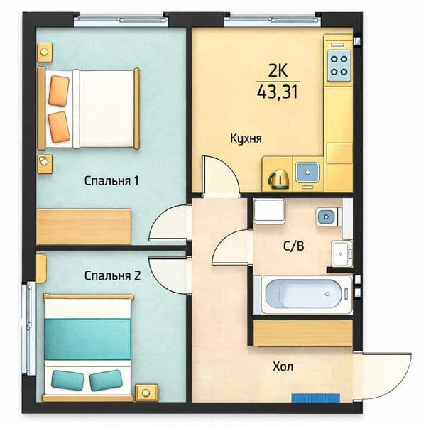 Двокімнатна квартира 43,31 м² без комісії. 20 хв метро. Від забудовника. Розтермінування 12 міс. Стабільний попит