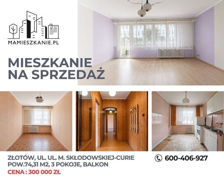 Złotów: 3 pokoje | 74 m² | balkon i piwnica