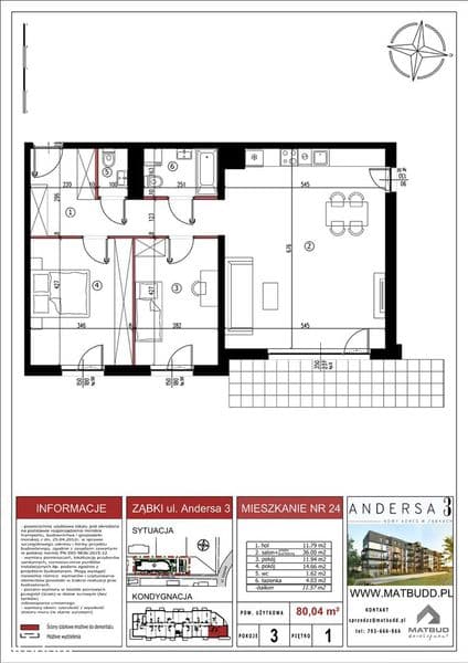 80 m², 3 pokoje + duży balkon 11,6 m² | I piętro | Andersa 3