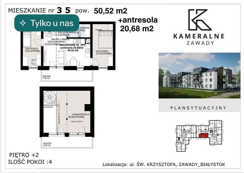 Kameralne Zawady - 50,52m2 + antresola 20,68m2
