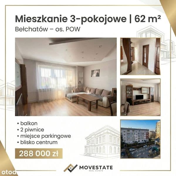 3-pokojowe mieszkanie 62 m² | duży balkon | os. POW | Bełchatów